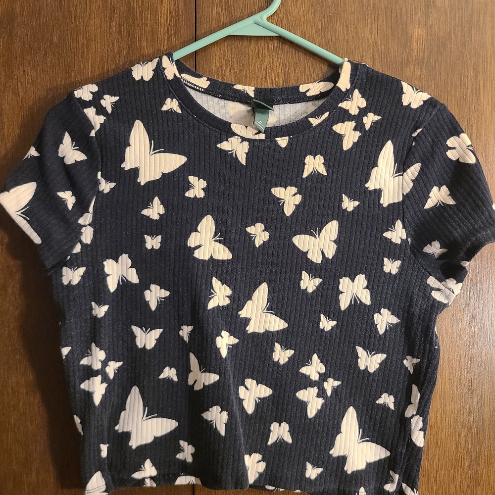 Cropped Butterfly Print Black Baby Tee